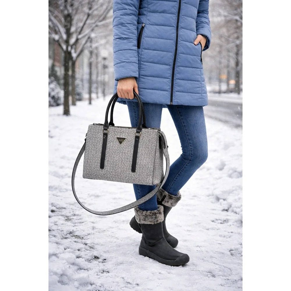 GUESS Logo Satchel Handbag Black Grey Monogram Structured Top Handle‎ Crossbody